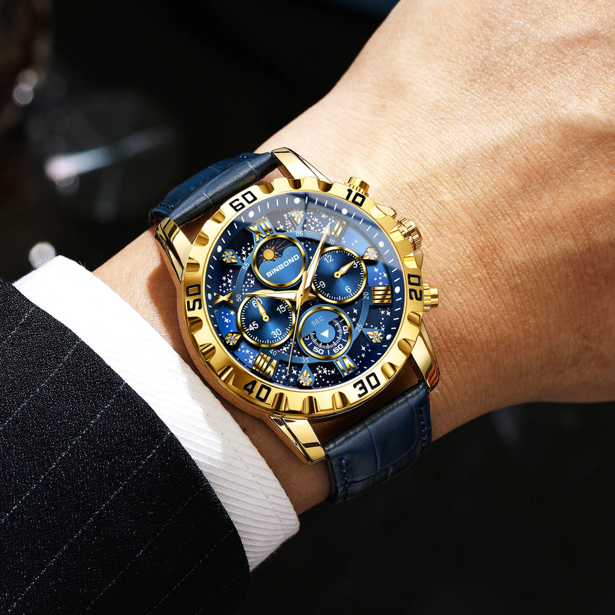 Authentic and accurate BINBOND quartz wristwatch for men, a luxury, water-resistant chronograph with a luminous display and leather strap.