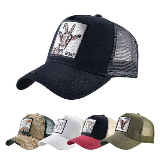 Boné trucker fashion com patch de cabra bordado, para as quatro estações, snapback ajustável com pala, para homem e mulher
