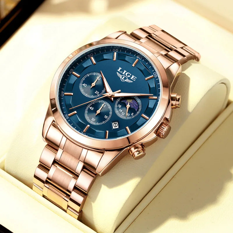 Montre pour homme LIGE – Chronographe à quartz de luxe, étanche (3 bars), avec aiguilles luminescentes
