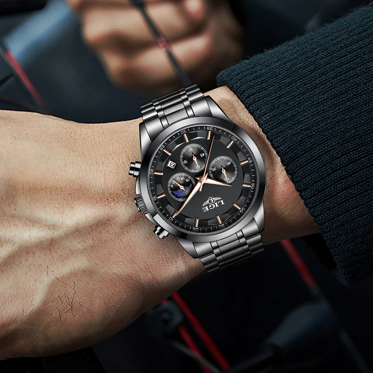 Montre pour homme LIGE – Chronographe à quartz de luxe, étanche (3 bars), avec aiguilles luminescentes