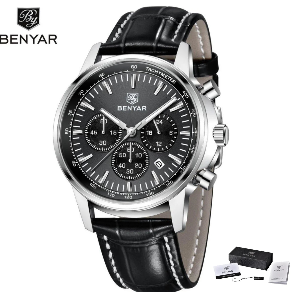 Benyar Luxus-Herrenuhr – Chronograph mit Datumsanzeige, Lederarmband, wasserdicht, leuchtend, sportlicher und militärischer Stil, Quarzuhr