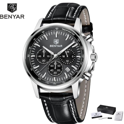 Benyar Luxus-Herrenuhr – Chronograph mit Datumsanzeige, Lederarmband, wasserdicht, leuchtend, sportlicher und militärischer Stil, Quarzuhr
