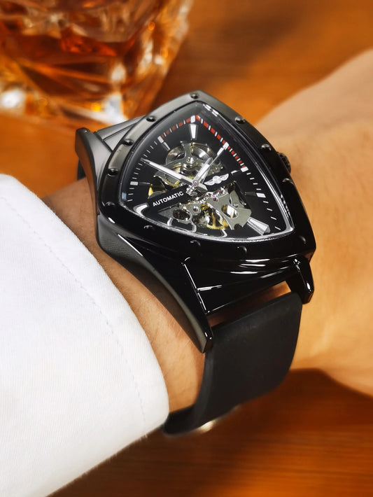 Montre automatique pour homme WINNER, design squelette triangulaire, aiguilles luminescentes, bracelet en caoutchouc, style militaire, montre mécanique de luxe