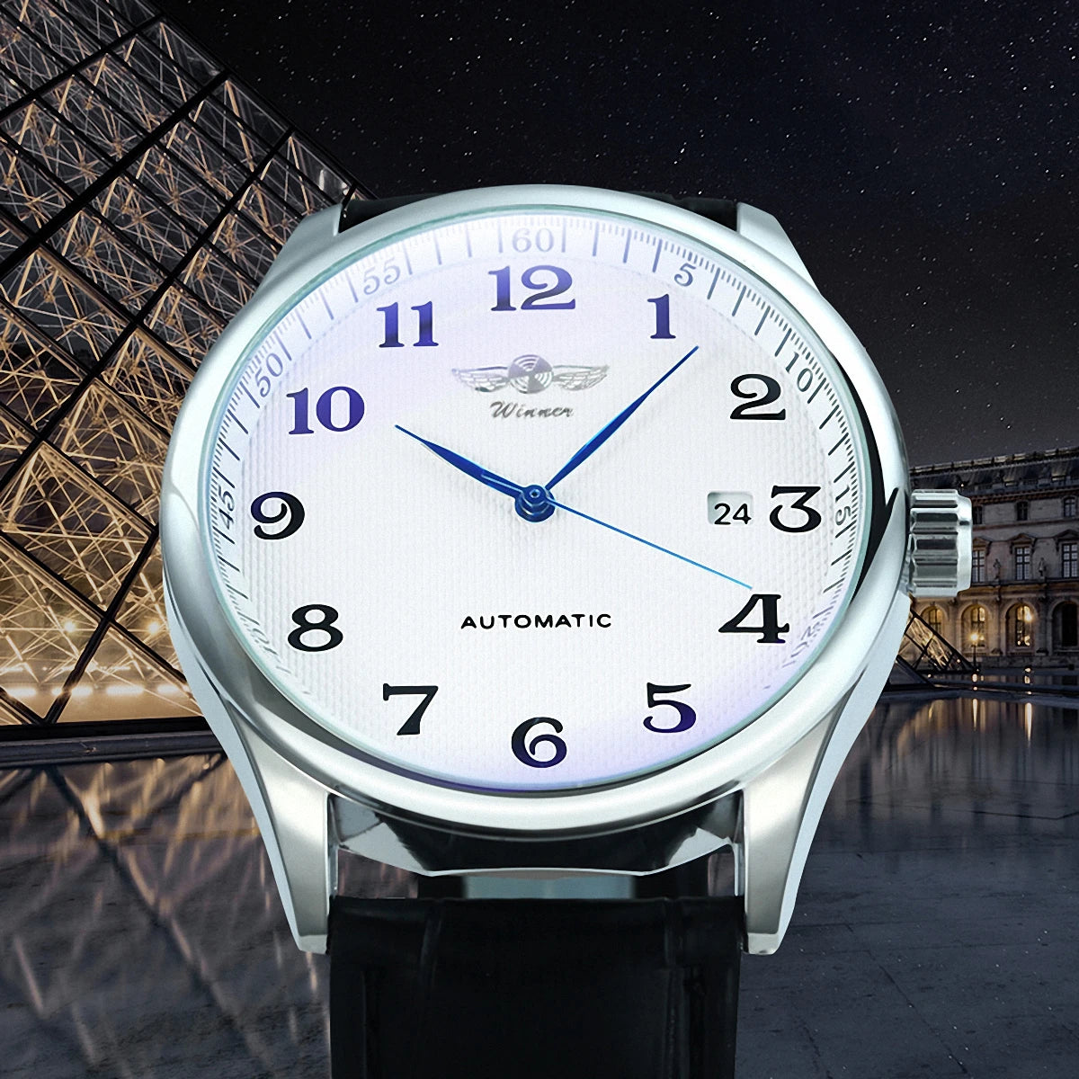 Klassische Herrenuhr – Retro-Design mit Kalender und blauen Zeigern, mechanisches Automatikwerk, renommierte Marke, Edelstahlgehäuse und Lederarmband