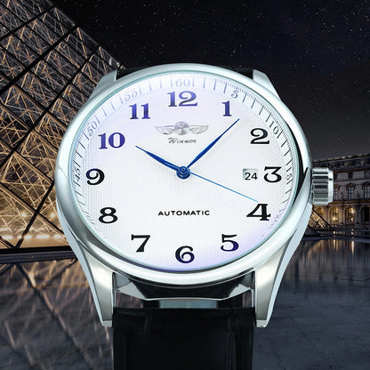 Klassische Herrenuhr – Retro-Design mit Kalender und blauen Zeigern, mechanisches Automatikwerk, renommierte Marke, Edelstahlgehäuse und Lederarmband