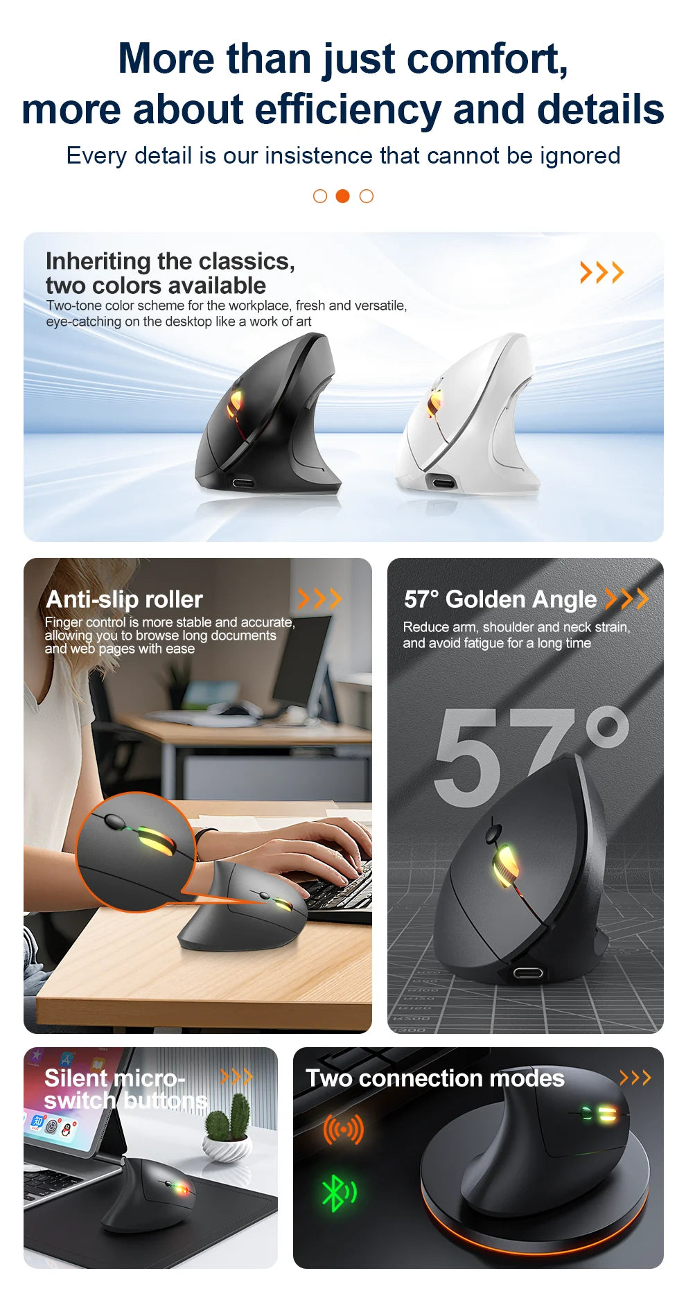 2.4G Bluetooth kabellose vertikale Maus, wiederaufladbar, ergonomisch, 1600DPI einstellbare Gaming-Maus mit 6 Tasten für Laptop, PC und Computer