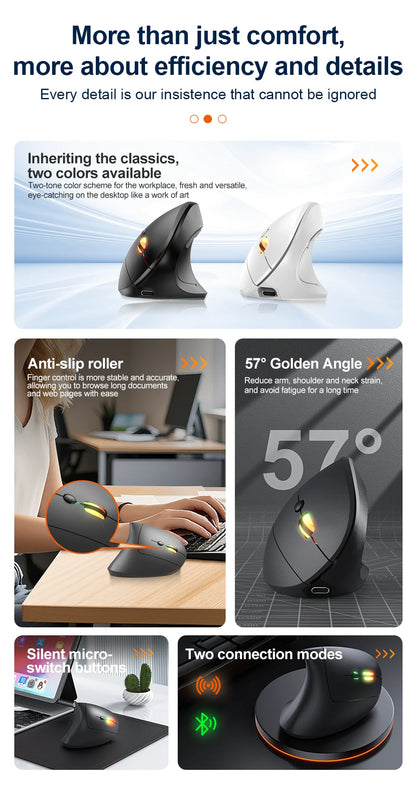 2.4G Bluetooth kabellose vertikale Maus, wiederaufladbar, ergonomisch, 1600DPI einstellbare Gaming-Maus mit 6 Tasten für Laptop, PC und Computer