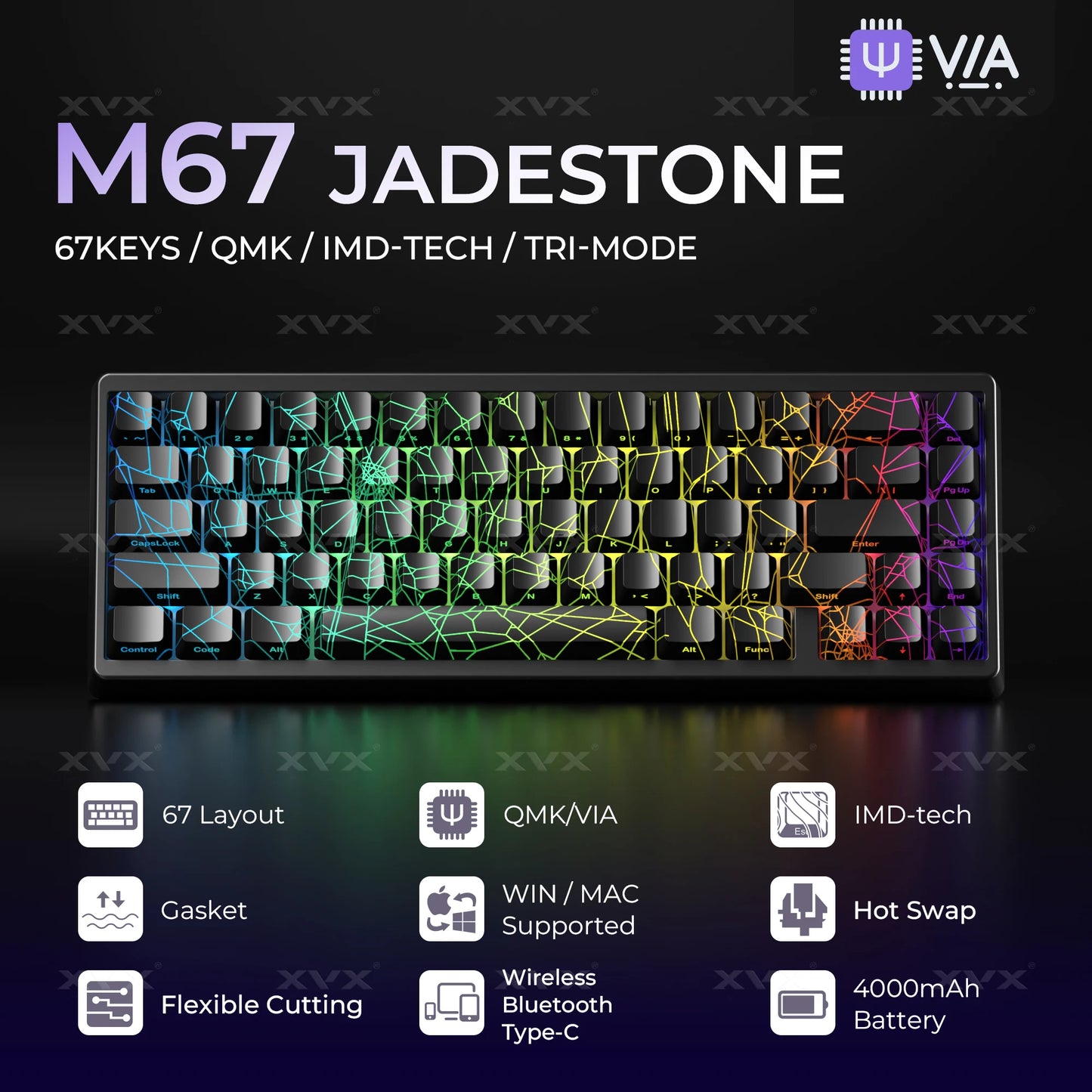 Teclado XVX Spider Web M67 JadeStone con teclas IMD-Tech, conexión trimodo y retroiluminación RGB personalizada 60%