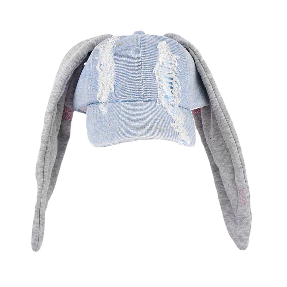 New MinJi Haerin OMG Stage Long Rabbit Ear Hat Y2K Style Denim Blue Baseball Cap Fashion Hip-Pop Cap Couple Birthday Gifts