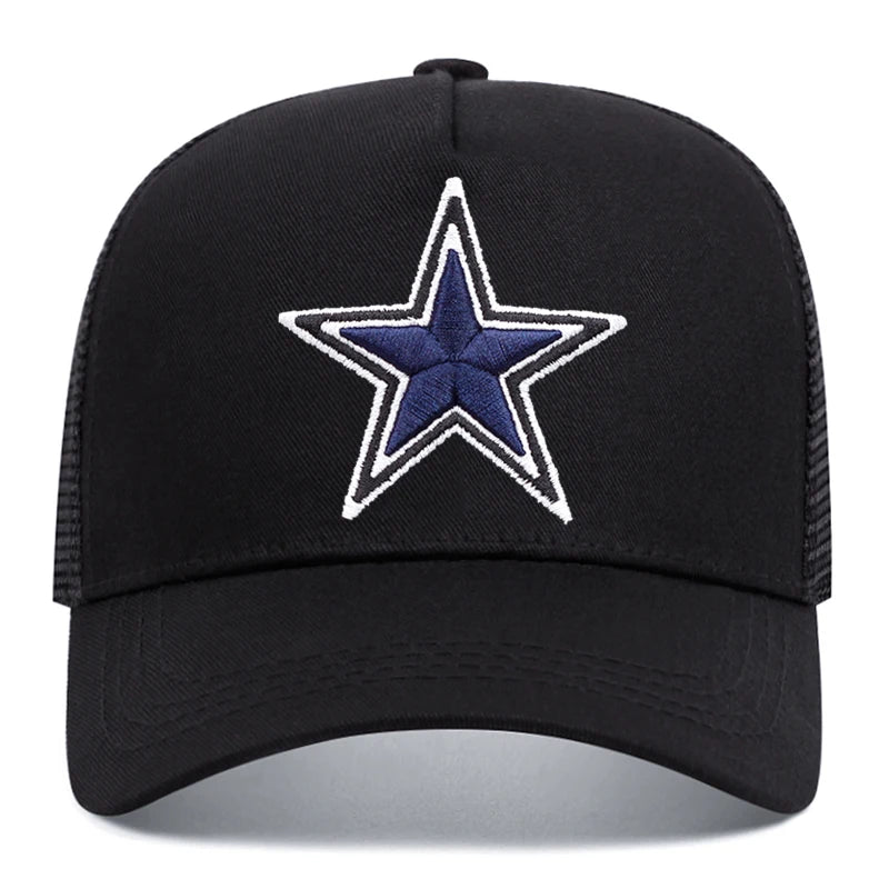 Simbolo semplice: stella a cinque punte. Ricamo. Cappellino da baseball da esterno. Traspirabilità estiva. Cappellino hip hop in rete. Cappellino da camionista.