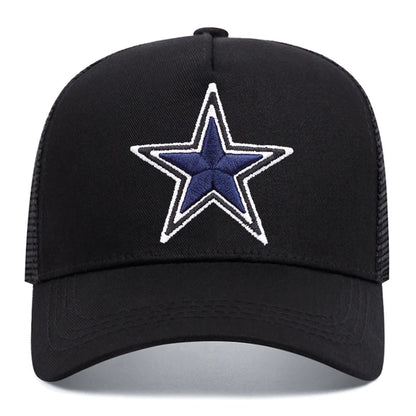 Simbolo semplice: stella a cinque punte. Ricamo. Cappellino da baseball da esterno. Traspirabilità estiva. Cappellino hip hop in rete. Cappellino da camionista.