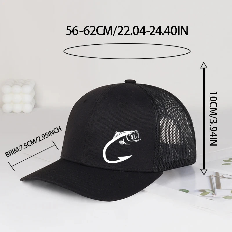 Bass Fish Hook Print Trucker Hat Podesiva uniseks kapa s mrežicom za pecanje, ventilator i sunce