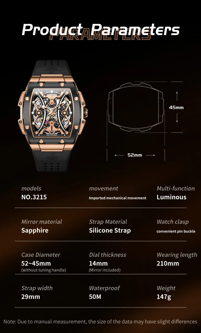 Reloj OUPINKE para hombre, clásico de lujo, esfera tonneau, marca premium original, movimiento mecánico automático, correa de silicona, cristal de zafiro, nuevo