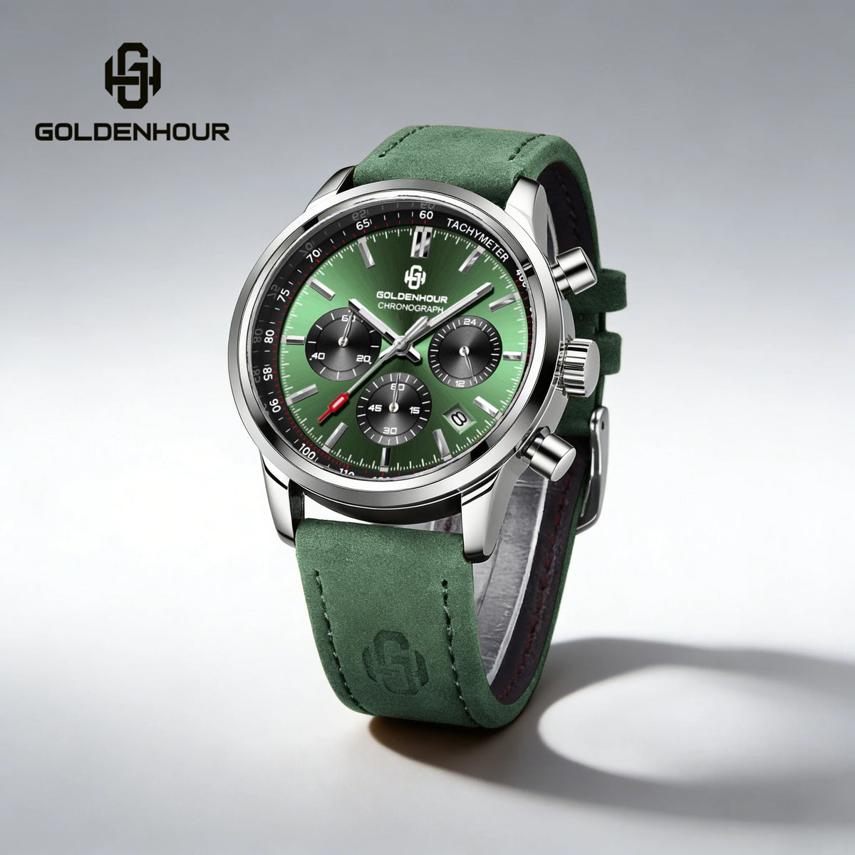 GOLDENHOUR luxury men’s watch – Quartz chronograph, green dial, leather strap, water-resistant, luminescent, military and sporty style