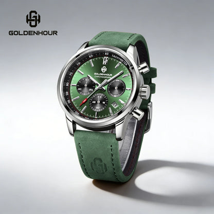 GOLDENHOUR luxury men’s watch – Quartz chronograph, green dial, leather strap, water-resistant, luminescent, military and sporty style