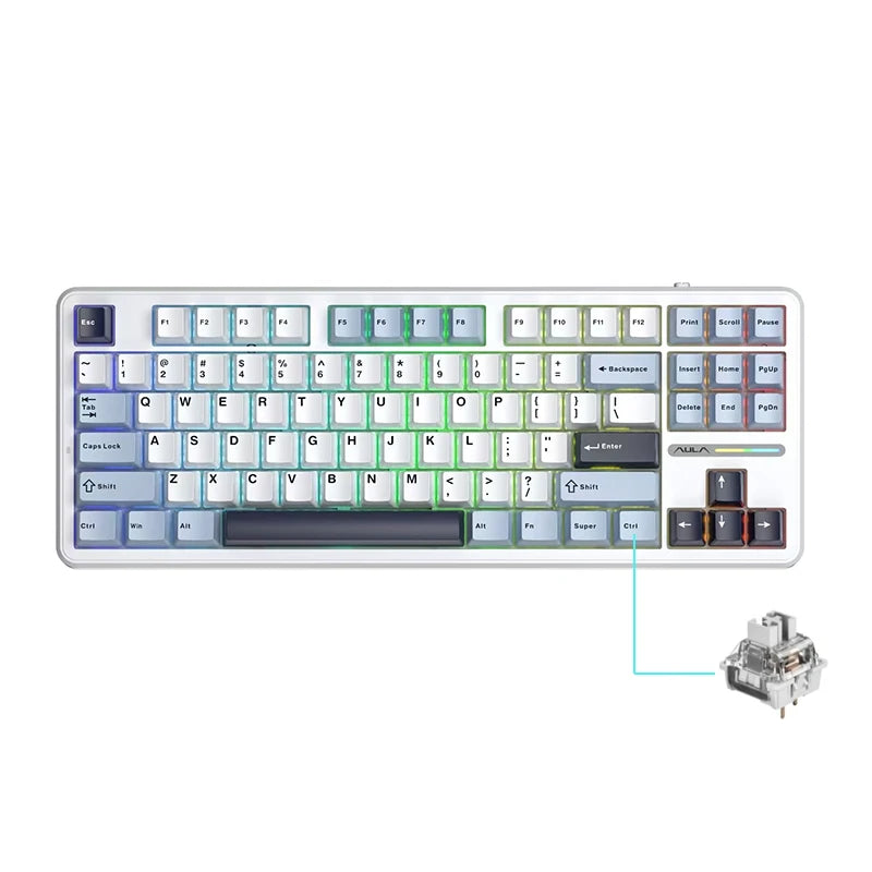 Teclado Mecânico AULA F87 Pro 2.4g/USB/Bluetooth sem fios trimodo, 87 teclas, RGB, PBT, estrutura gasket, 5 camadas de isolamento acústico, teclas completas sem impacto
