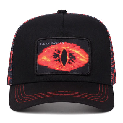 baseballová čepice s graffiti „Eye of Sauron“, hiphopová síťovaná čepice, trucker čepice