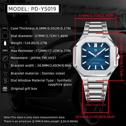 Reloj cuadrado de cuarzo para hombre PAGANI DESIGN New V2, marca de lujo premium, deportivo, resistente al agua, de zafiro y acero inoxidable