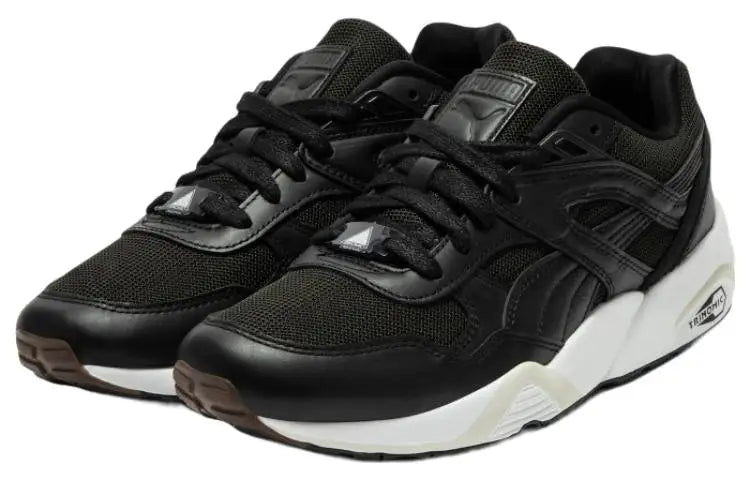 Puma R698 75Y, baskets en cuir et tissu, chaussures de ville confortables à tige basse, baskets noires et blanches, 393403-01.