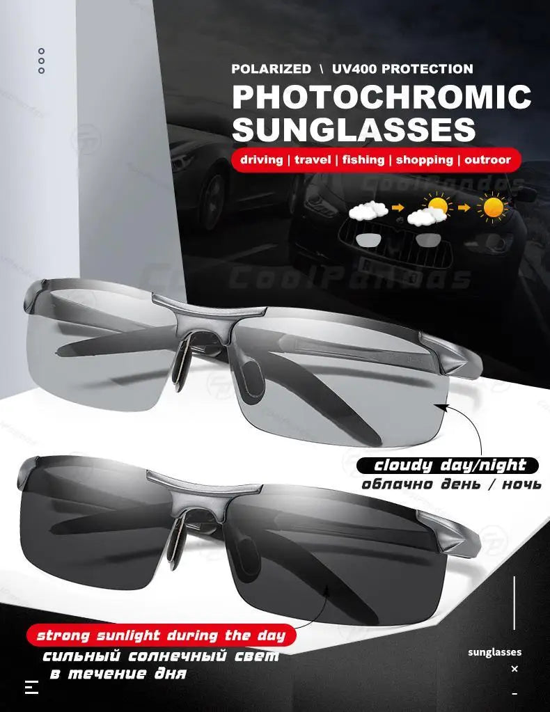 CoolPandas Photochromic Sunglasses Men Polarized Rimless Outdoor Sport Driving Glasses Day Night Chamelon Goggle zonnebril heren