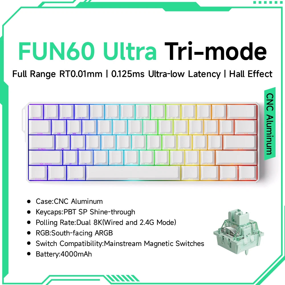Tastiera gaming meccanica Akko MonsGeek FUN60 Ultra con switch magnetici, 60%, Rapid Trigger 8K HE/TMR, tastiera gamer personalizzata in alluminio