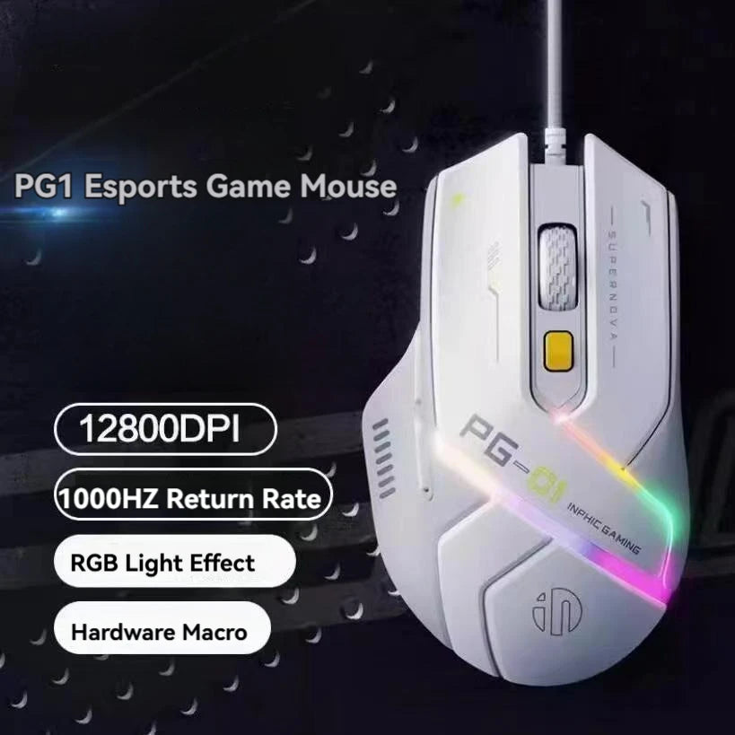 Inphic Pg1 Wired Gaming Mouse, RGB Light Emitting, Macro Programming, 12800 DPI, 6 Keys, Computer Mouse, 1000Hz Polling Rate