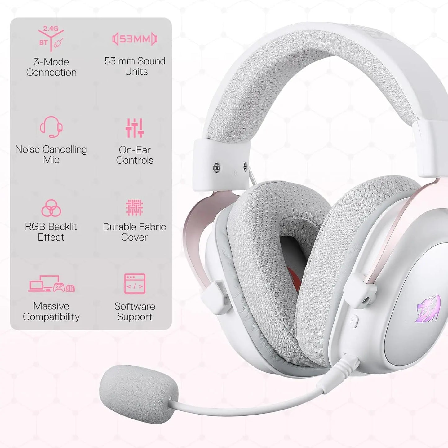 Redragon H510 PRO 3-Mode RGB Gaming 7.1 Surround Sound Headset, 53MM Audio Drivers in Memory Foam Ear Pads Headphone