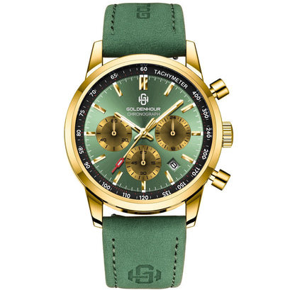 GOLDENHOUR luxury men’s watch – Quartz chronograph, green dial, leather strap, water-resistant, luminescent, military and sporty style