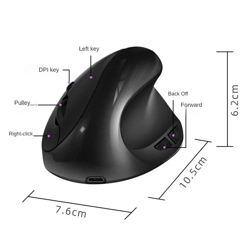 BTS-908 Ratón vertical recargable superventas, ratón inalámbrico ergonómico con receptor USB 2.4G, 1600 DPI ajustables y 6 botones