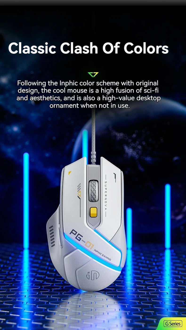 Inphic Pg1 Wired Gaming Mouse, RGB Light Emitting, Macro Programming, 12800 DPI, 6 Keys, Computer Mouse, 1000Hz Polling Rate