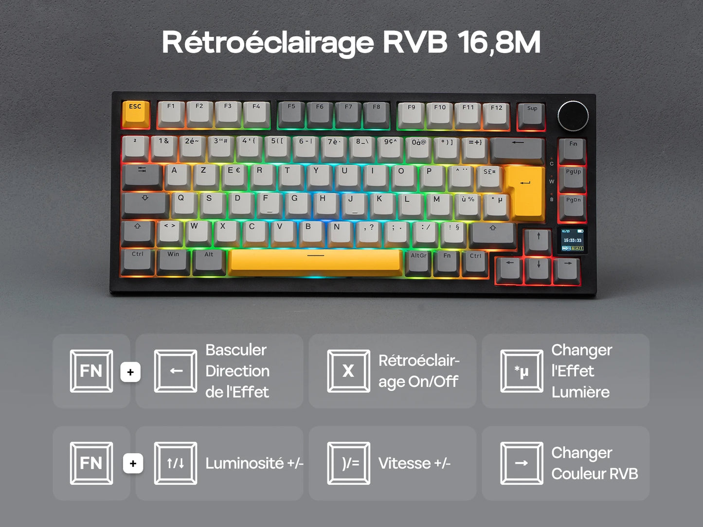 Distribución ISO-FR EPOMAKER X AJAZZ AK820 PRO 75% AZERTY francés, teclado mecánico hot-swap con cable/BT/inalámbrico 2.4GHz para Win/Mac/PC