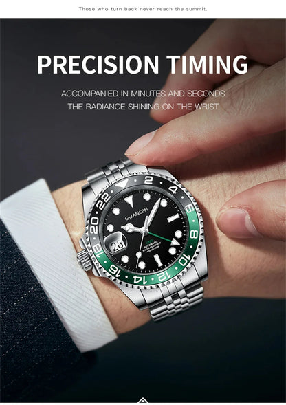GUANQIN GMT Reloj para hombre 2025 nuevo reloj automático para hombre NH34 reloj mecánico de pulsera con cristal de zafiro y acero inoxidable para mano izquierda