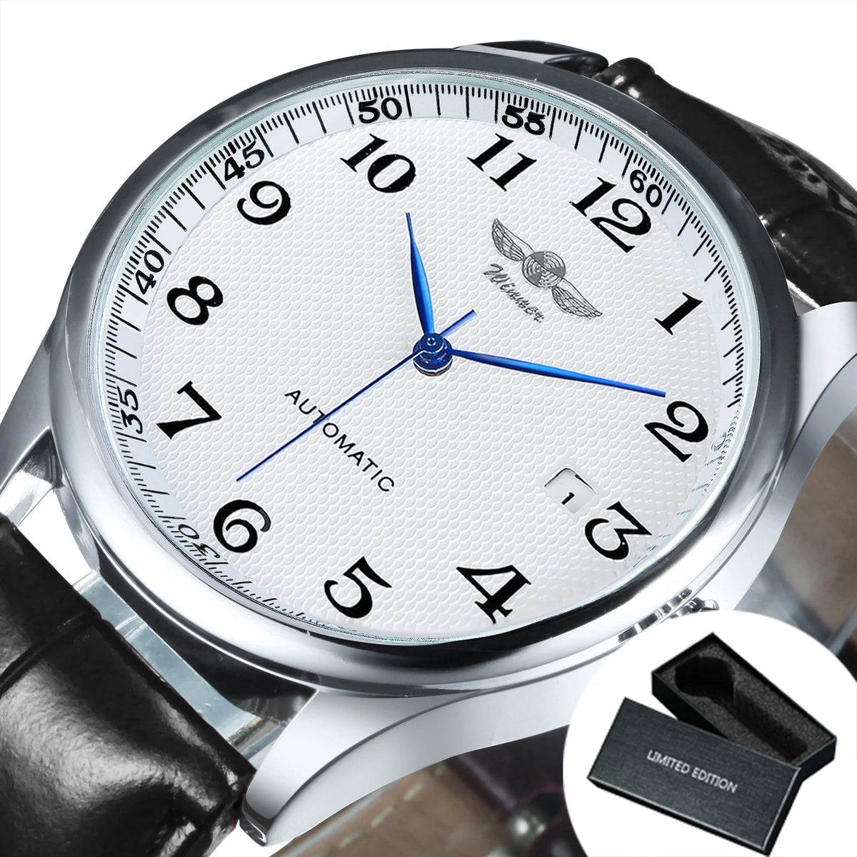 Klassische Herrenuhr – Retro-Design mit Kalender und blauen Zeigern, mechanisches Automatikwerk, renommierte Marke, Edelstahlgehäuse und Lederarmband