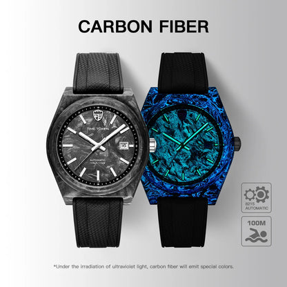 Orologio automatico luminoso in fibra di carbonio da 40mm, di lusso, impermeabile 100m, orologio subacqueo automatico da uomo con movimento Japan Miyota 8215