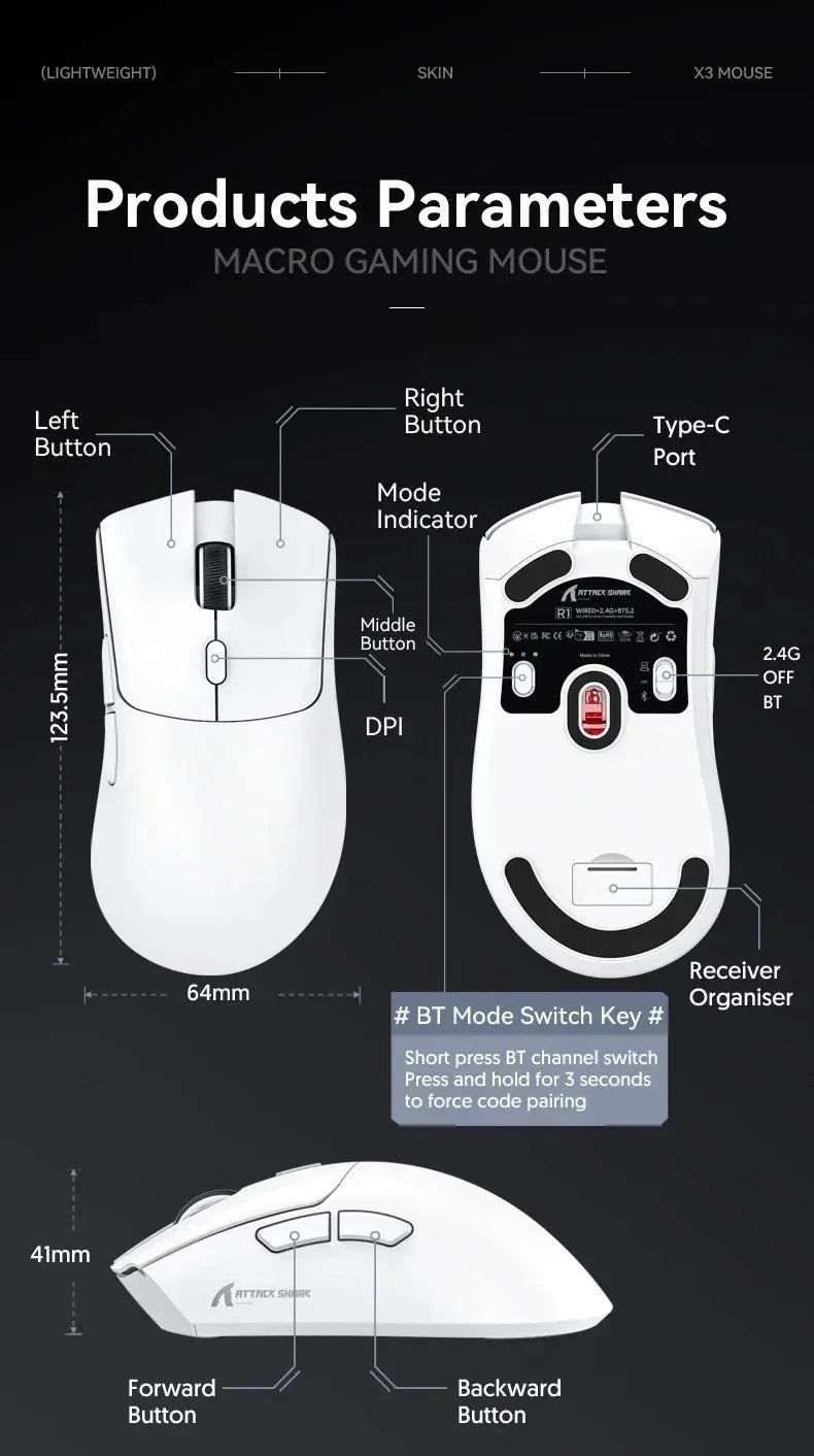 Rato ultraleve ATTACK SHARK R1 59g com PAW3311, 18000DPI, 400IPS, 40G, 1000Hz, Tri-Mode, controlador Broadcom BK3633, 20 milhões de cliques