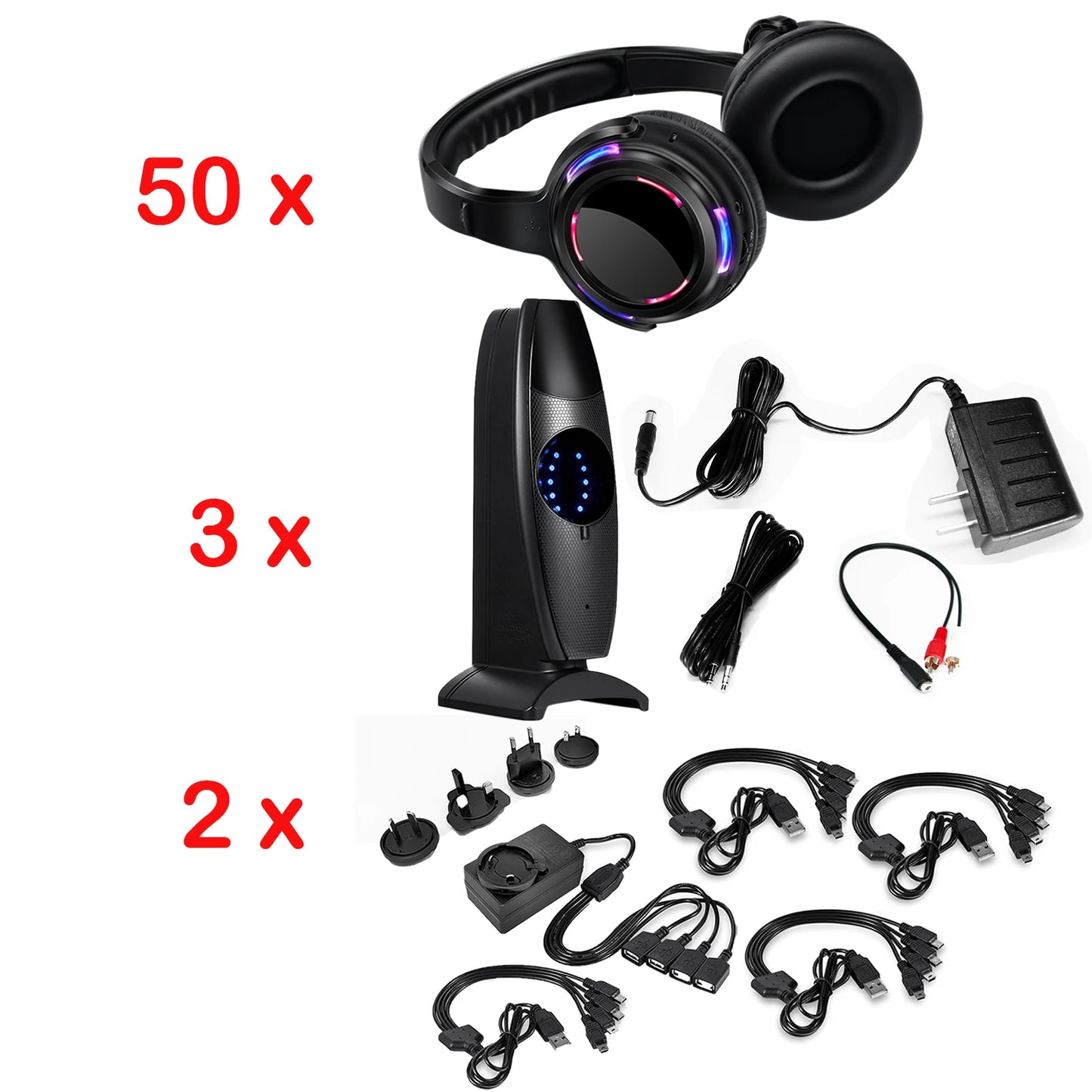 Silent Disco Wireless Headphones with LED Lights, Rechargeable RF Silent Party Headphones for Clubs, Concerts, Meetings & Events