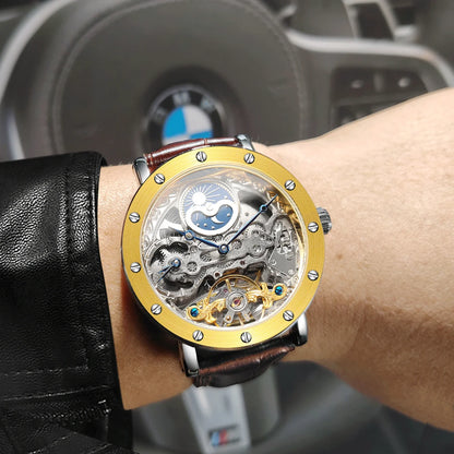 SKROX vyriškas automatinis mechaninis rankinis laikrodis, skeleto modelis su GMT funkcija, mėnulio fazėmis ir turbiljonu – prabangus, aukščiausios klasės, elegantiškas ir originalus laikrodis.
