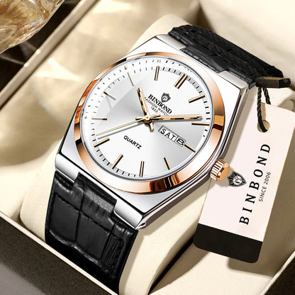 Montre-bracelet à quartz BINBOND de luxe avec bracelet en cuir, précise, lumineuse, étanche, affichage automatique de la date et du jour de la semaine, durable, pour homme.