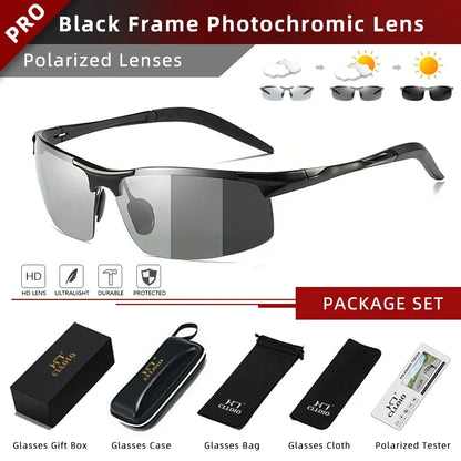 CLLOIO Aluminum Rimless Photochromic Sunglasses Men Polarized Driving Chameleon Anti-Glare Glasses Travel Fishing Goggle UV400