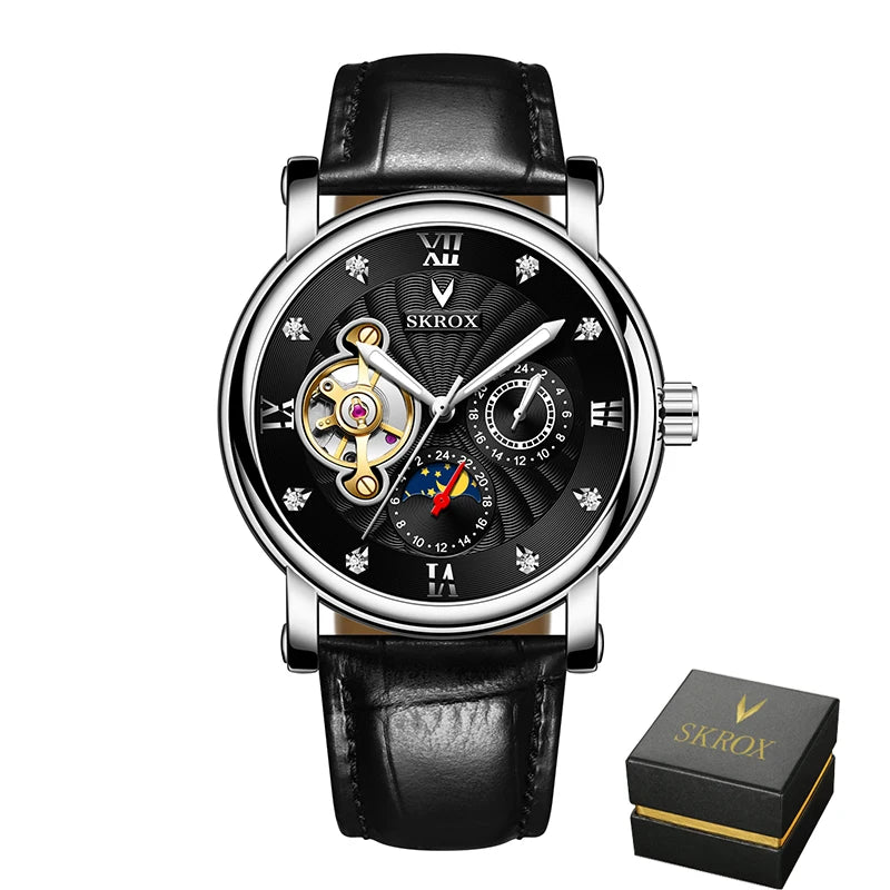 Reloj mecánico automático de lujo para hombre, de una marca de prestigio, con tourbillon, fase lunar y diamantes: un elegante reloj de pulsera.