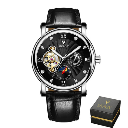Reloj mecánico automático de lujo para hombre, de una marca de prestigio, con tourbillon, fase lunar y diamantes: un elegante reloj de pulsera.