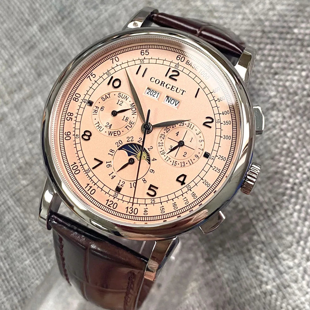 Automatikuhr für Herren, Multifunktionsanzeige für Datum, Tag, Monat und Jahr, 316L mechanische Herrenuhr, poliertes Gehäuse, Tag-/Nachtanzeige, 42mm