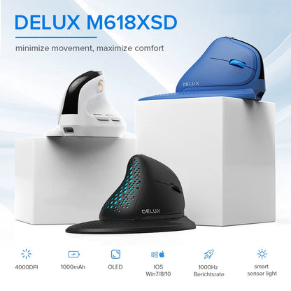 Delux M618XSD Seeker Ergonomic Vertical Mouse with OLED Screen 4000DPI Rechargeable 1000mA Removable Back Cover For Computer