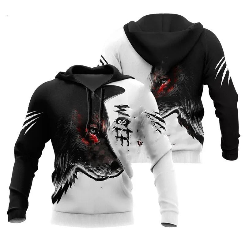 Hoodies de Outono com Leão e Lobo, Pele de Tigre Branco, Impressão 3D Integral, Sweatshirt de Homem Unissexo com Fecho, Casaco Casual de Pulôver