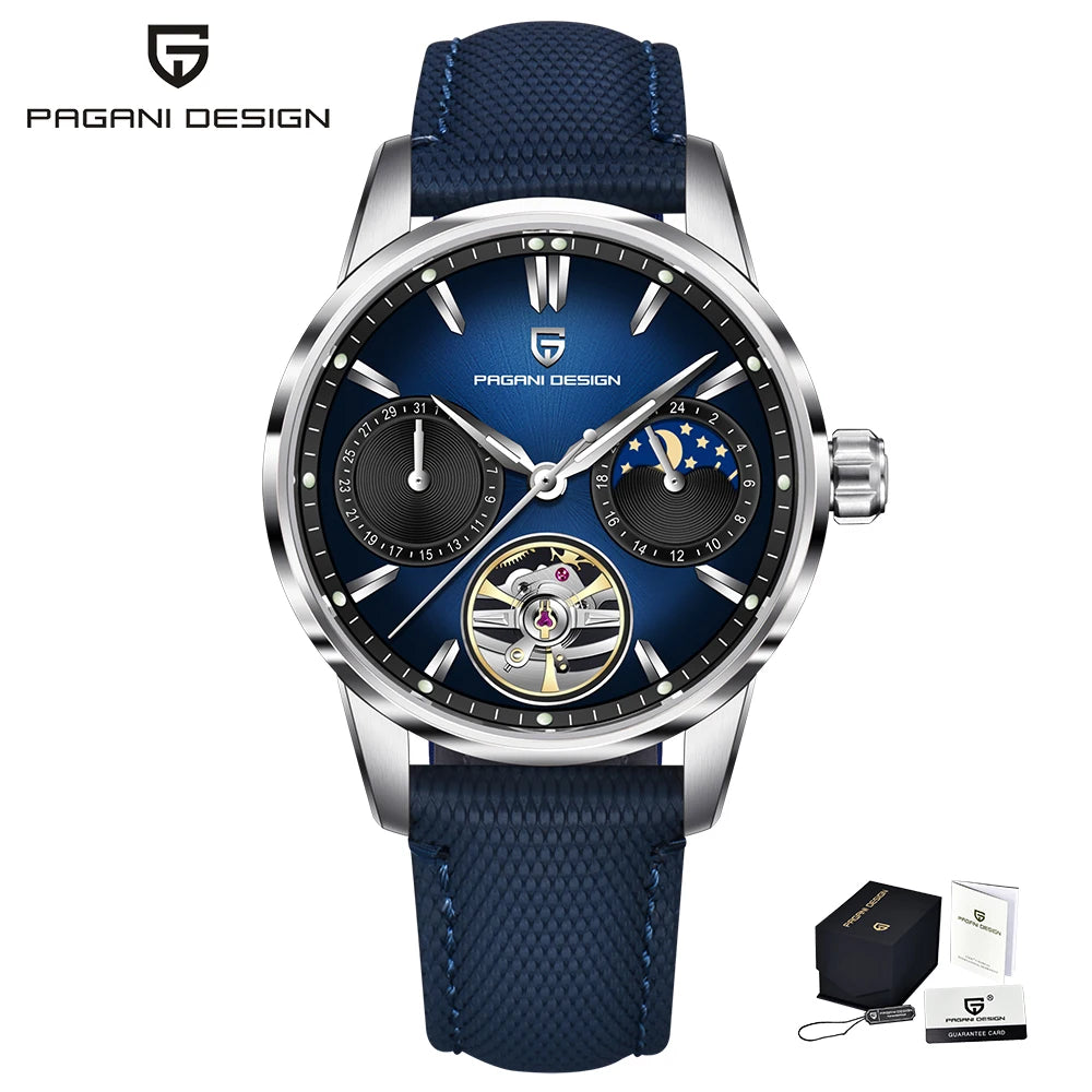 PAGANI DESIGN – Luksuzna mehanska ura za moške, 41 mm, safirno steklo, usnjena zapestnica, vodotesna, v pilotskem slogu, s turbijonom in prikazom lunine faze