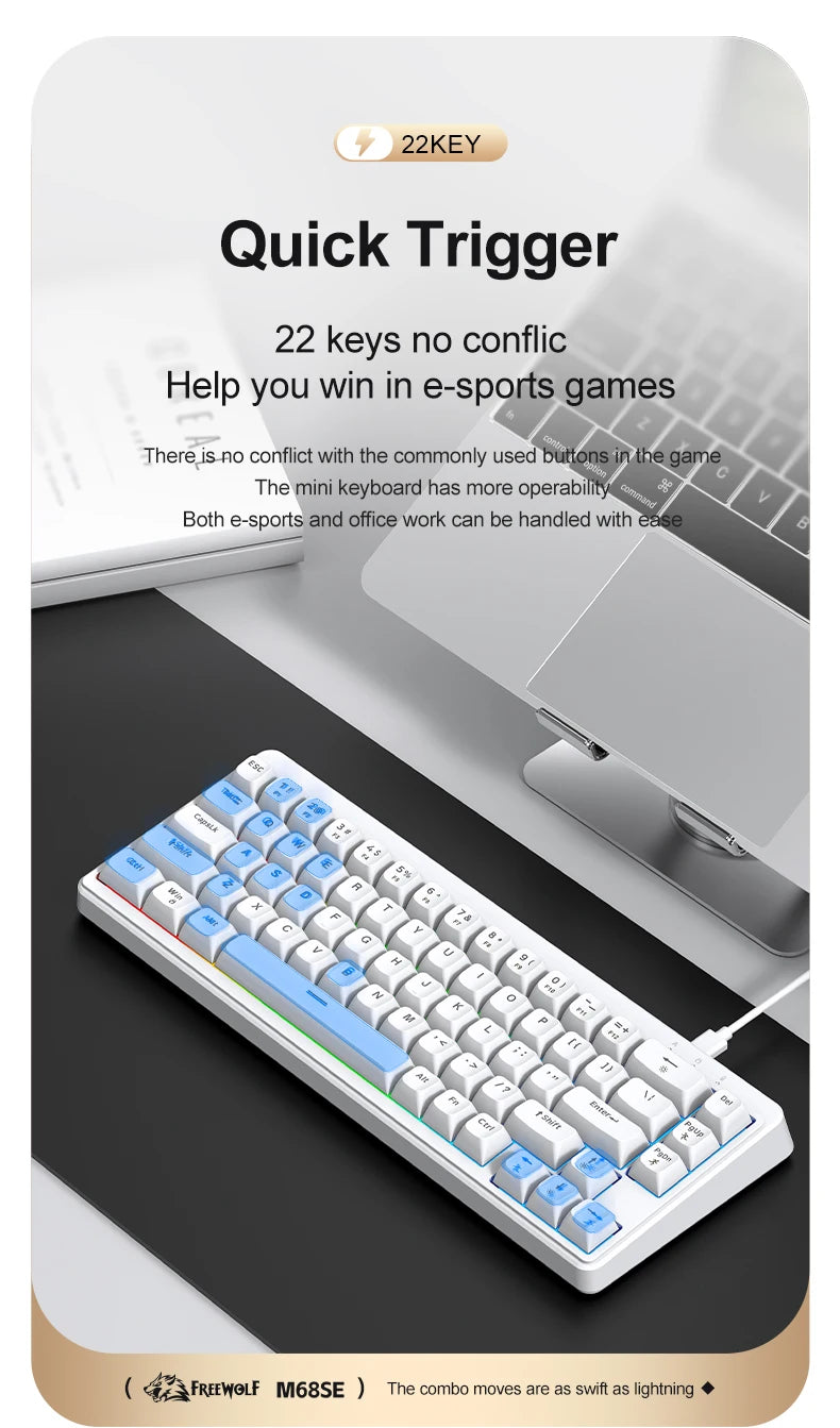 FREEWOLF M68SE tastiera mini cablata a 68 tasti, retroilluminazione RGB, Type-C, layout 68%, compatta, per gaming, ufficio, PC e laptop
