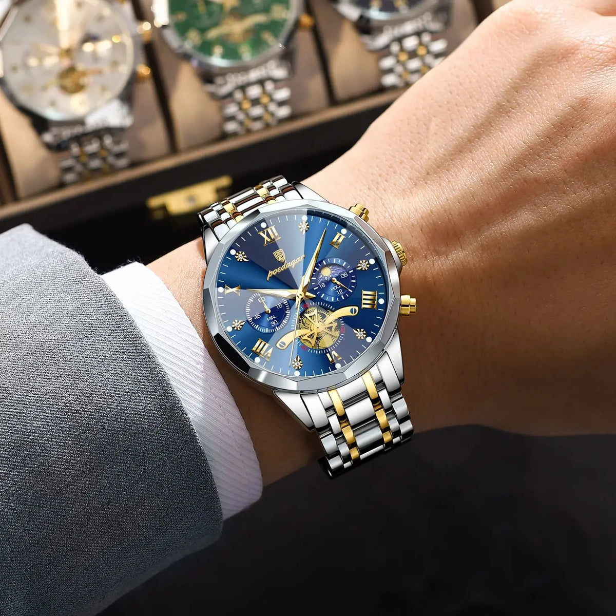 Originele luxe POEDAGAR herenhorloge, waterdicht, chronograaf met verlichting, roestvrijstalen quartz-polshorloge, hoogwaardige herenhorloges