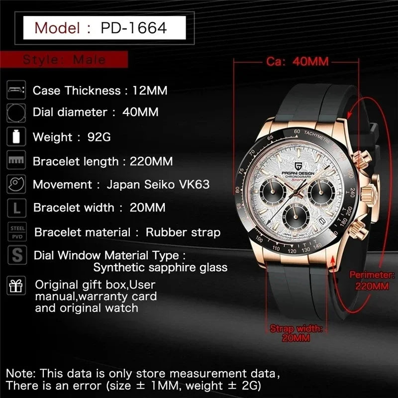 Novo Original PAGANI DESIGN PD-1664 Relógio de Pulso de Luxo para Homem, Movimento de Quartzo Japonês VK63, Safira, Cronógrafo Resistente à Água, Dourado