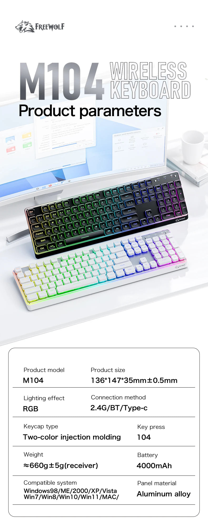 Freewolf M104 Tri-Mode Wireless Keyboard RGB 104 Keys Ultra Slim Quiet Membrane 4000mAh Large Battery for Office & Home