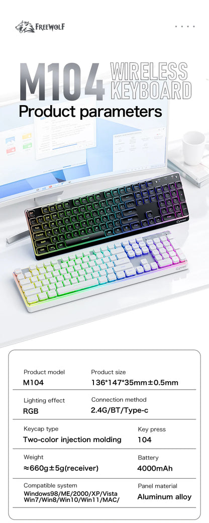 Freewolf M104 Tri-Mode Wireless Keyboard RGB 104 Keys Ultra Slim Quiet Membrane 4000mAh Large Battery for Office & Home